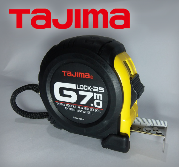 TAJIMA G-LOCK 7m/25mm Profi Mérőszalag Ütésálló Gumi borítással