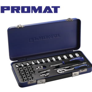 PROMAT 36 Részes Dugókulcs Készlet, 6,3 mm-es (1/4″)Négyzet Alakú Szerszám Befogás - Kulcsméretek:4-14mm - CrV - Matt Króm Felület