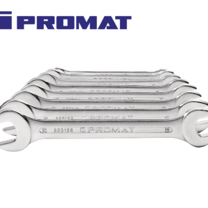 PROMAT Dupla Villáskulcs Készletek, Variánsok: 8részes(6-22mm)/10részes(6-27mm)/12részes(6-32mm) - Pofapozíció 15°-CrV - Matt Króm