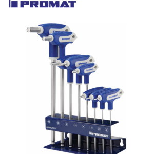 PROMAT 8 Részes T Nyelű Imbuszkulcs Készlet, 2-10mm - S2 Acél - Matt Króm Felület – Gömbölyített Szerszámvég - Tartó Állvány
