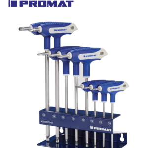 PROMAT 8 Részes T Nyelű Torxkulcs Készlet, TX10-TX45 – S2 Acél – Matt Króm Felület – Gömbölyített Szerszámvég – Tartó Állvány