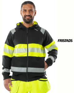 FRISTADS High Vis Sztreccs Kapucnis Pulóver Class 1 7532 GKC, Cipzáras - Fekete Szín